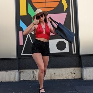 Red Halter Top and Black Denim Shorts
